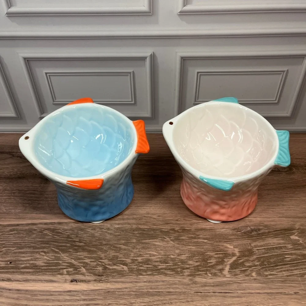 Ceramic Fish Bowls Set Of 2 Blue Pink Cute Pet Food Water Dishes
